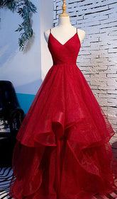 Long Prom Dresses with Tiered Spaghetti Straps Red Evening Gowns
